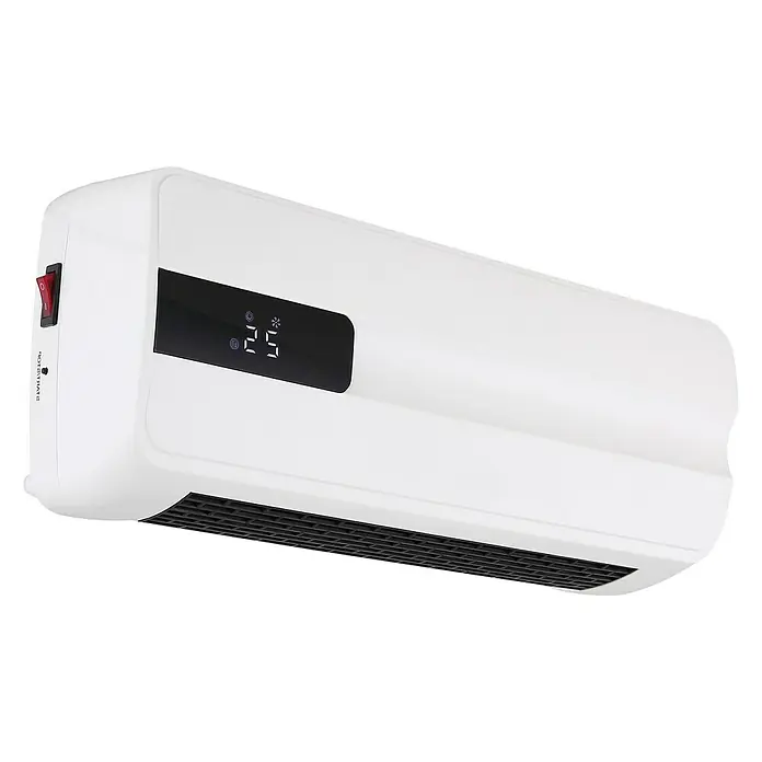 Voltomat HEATING Wandheizstrahler - 1.000 W - 2.000 W, Weiß, 11,5 x 42 x 17,9 cm - Ein weißer Heizlüfter mit digitaler Anzeige, der auf einer schwarzen Oberfläche steht.
