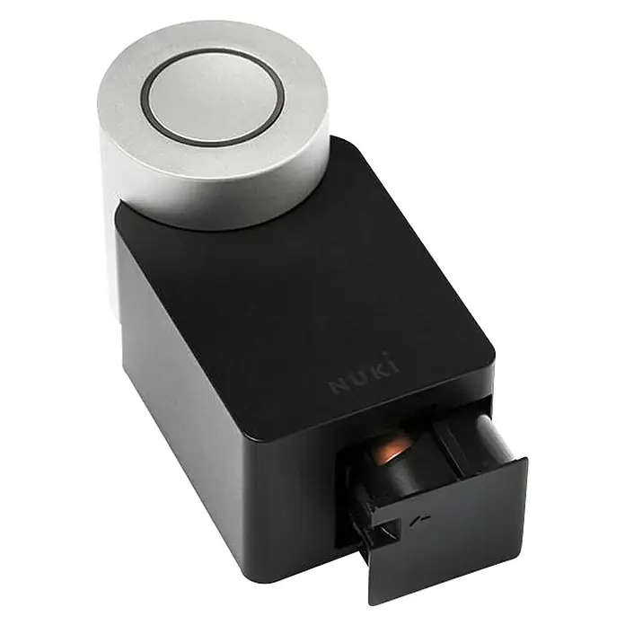Nuki Cerradura electrónica Smart Lock 2.0 - L x An x Al: 6,2 x 6 x 11 cm, Bluetooth, Negro - Un Nuki Smart Lock en negro y plata. La cerradura electrónica ofrece más comodidad y seguridad en el día a día.