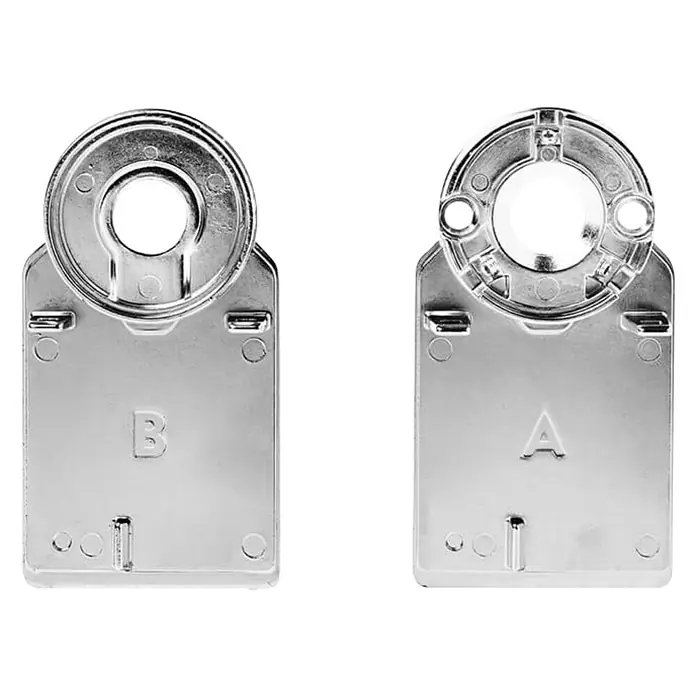Nuki Cerradura electrónica Smart Lock 2.0 - L x An x Al: 6,2 x 6 x 11 cm, Bluetooth, Negro - En la imagen se muestran dos placas adaptadoras para motores de persiana, etiquetadas como "A" y "B", en acabado plateado.