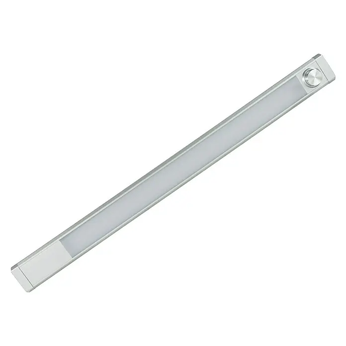 Ritter Leuchten LED-Unterbauleuchte TurnLight Pro - 8 W, Länge: 60 cm, Silber - Bild einer LED-Leuchte in Silber mit einem Knopf. Die Leuchte ist für Schränke oder Regale geeignet und spendet helles Licht.
