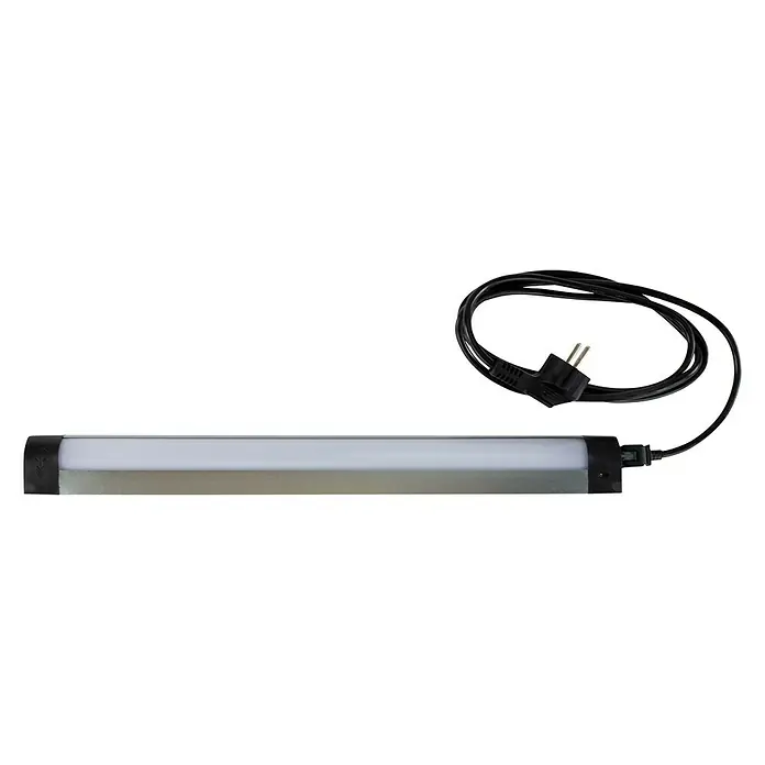 Ritter Leuchten LED-Unterbauleuchte Backlite - 2 W - 8 W, Länge: 46 cm - Ein Unterbaustrahler mit Kabel und Stecker auf schwarzem Hintergrund. Die Lampe ist schmal und leuchtet hell.