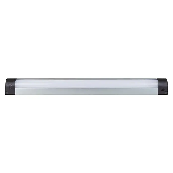 Ritter Leuchten LED-Unterbauleuchte Backlite - 2 W - 8 W, Länge: 46 cm - Nahaufnahme einer linearen LED-Leuchte mit silbernem Gehäuse und schwarzen Endkappen auf schwarzem Hintergrund.