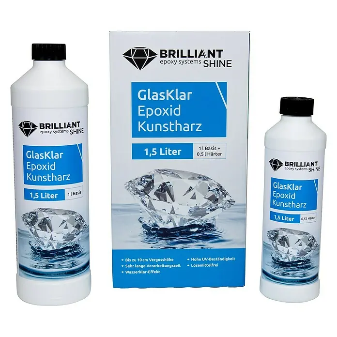 Epoxidharz Kunstharz Brilliant Shine - Glasklar, 1,5 l - Produktabbildung von 'Brilliant Epoxy Systems Shine Glasklar Epoxid Kunstharz' mit einer 1,5 Liter Basis- und Härterkomponente.
