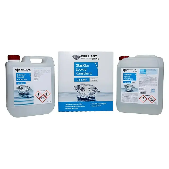 Epoxidharz Kunstharz Brilliant Shine - Glasklar, 7,5 l - GlasKlar Epoxid Kunstharz 7,5 Liter Gebinde. Dieses Epoxidharz eignet sich für Gießanwendungen bis zu 10cm mit UV-Beständigkeit und Wasserklareffekt.