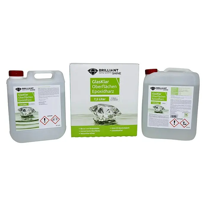 Epoxidharz Oberflächenharz Brilliant Shine - Glasklar, 7,5 l - Abbildung von Brillant Shine Glasklar Oberflächen Epoxidharz, erhältlich in 7,5 Liter Gebinden, ideal für klare Oberflächen.
