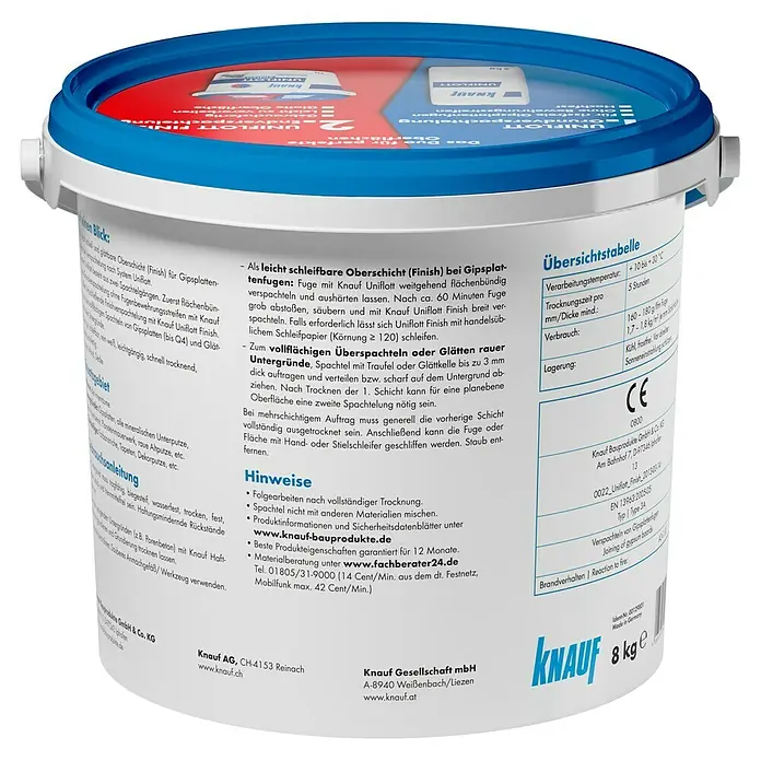 Knauf Feinspachtel Uniflott Finish - 8 kg - Ein Eimer Knauf Uniflott Finish, eine gebrauchsfertige Spachtelmasse für Gipskartonplatten und andere Oberflächen für den Innenbereich.