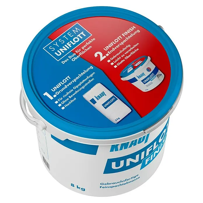 Knauf Feinspachtel Uniflott Finish - 8 kg - Ein Eimer Knauf Uniflott Finish gebrauchsfertige Feinspachtelmasse, 8 kg, für glatte Oberflächen und professionelle Ergebnisse.