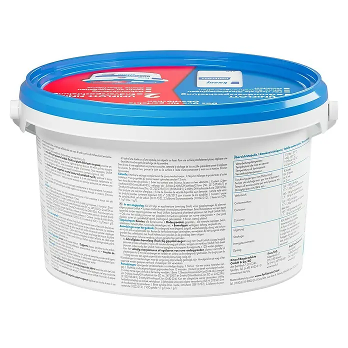 Knauf Feinspachtel Uniflott Finish - 4 kg, Gebrauchsfertig - Bild eines Kunststoffeimers mit Knauf Uniflott Finish, ideal zum Glätten von Gipsplattenfugen und Oberflächen im Innenbereich.