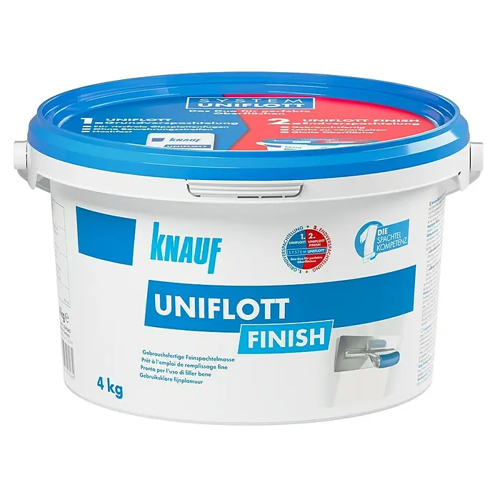 Knauf Feinspachtel Uniflott Finish - 4 kg, Gebrauchsfertig - Nahaufnahme eines 4 kg Eimers Knauf Uniflott Finish, einer gebrauchsfertigen Feinspachtelmasse für glatte Oberflächen.