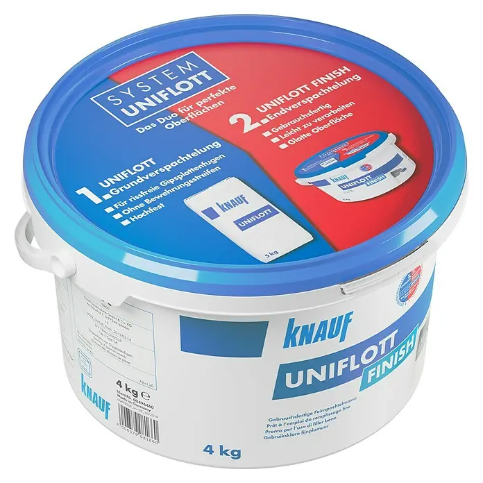 Knauf Feinspachtel Uniflott Finish - 4 kg, Gebrauchsfertig - Bild eines 4 kg Eimers Knauf Uniflott Finish, einer gebrauchsfertigen Feinspachtelmasse für glatte Oberflächen.