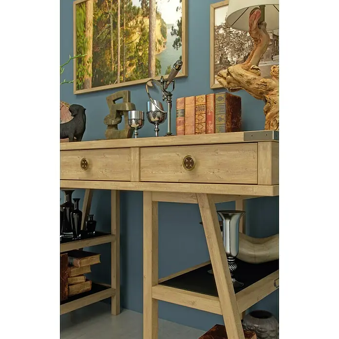 Nesu Pomo para muebles Cuero Viejo - Ø x Al: 37 x 17 mm, Cuero envejecido, 1 ud. - Primer plano de un escritorio de madera clara con cajones y objetos decorativos.