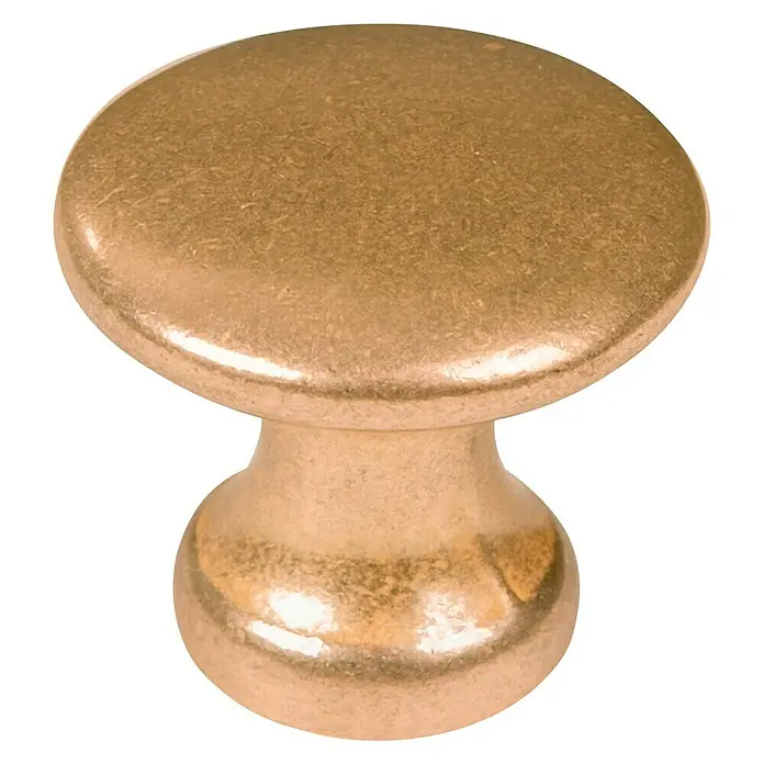 Möbelknopf-Set - 4 Stk., Ø x H: 25 x 22 mm, Sonstige, Gold - Nahaufnahme eines runden, bronzefarbenen Möbelknopfs. Der Knopf hat eine gewölbte Form und ist auf einem schwarzen Hintergrund platziert.