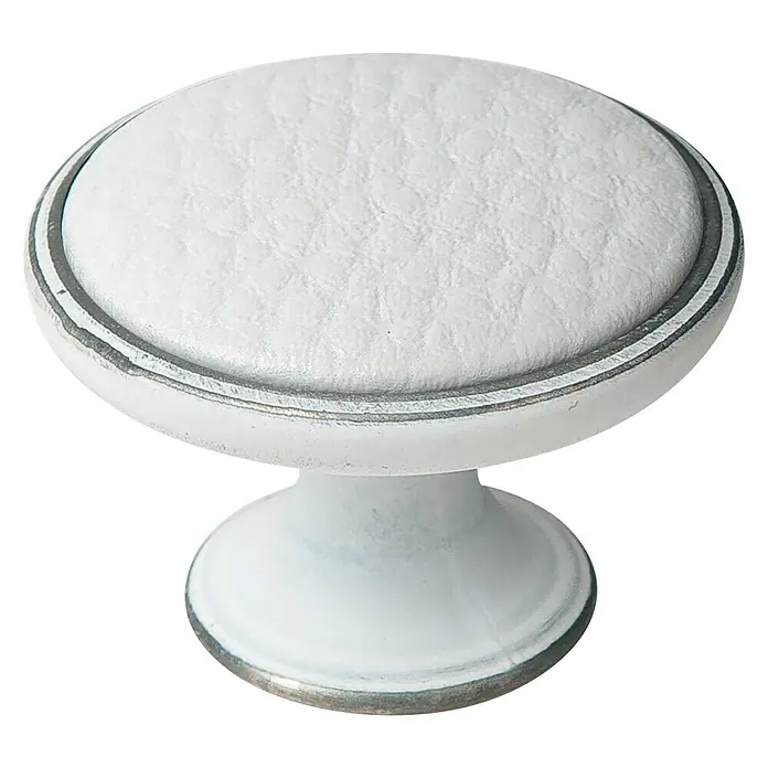 Möbelknopf-Set - 2 Stk., Typ Möbelgriff: Knopf, Ø x H: 37 x 26 mm, Leder, Sonstige, Weiß, Silber - Nahaufnahme eines weißen Möbelknopfs mit Lederoptik und silbernen Akzenten.