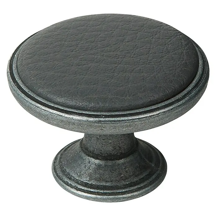 Möbelknopf-Set - 2 Stk., Ø x H: 37 x 26 mm, Leder, Altsilber, Anthrazit - Nahaufnahme eines Möbelsknaufs mit lederartiger Oberfläche und metallischem Sockel.