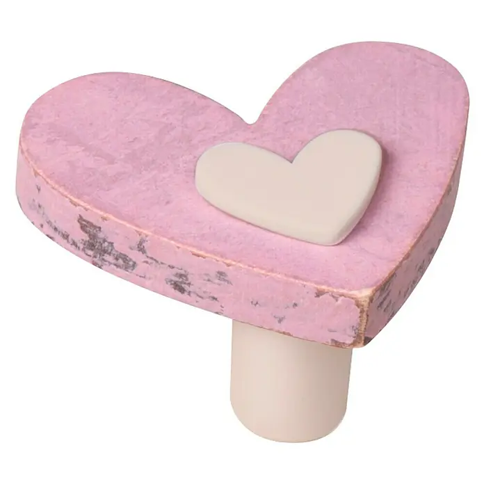 Möbelknopf-Set Herz - 2 Stk., Typ Möbelgriff: Knopf, Ø x H: 54 x 32 mm, Holz, Lackiert - Ein herzförmiger, rosa Möbelknopf mit einem kleineren, weißen Herz darauf, perfekt für Kinderzimmer oder verspielte Möbelstücke.
