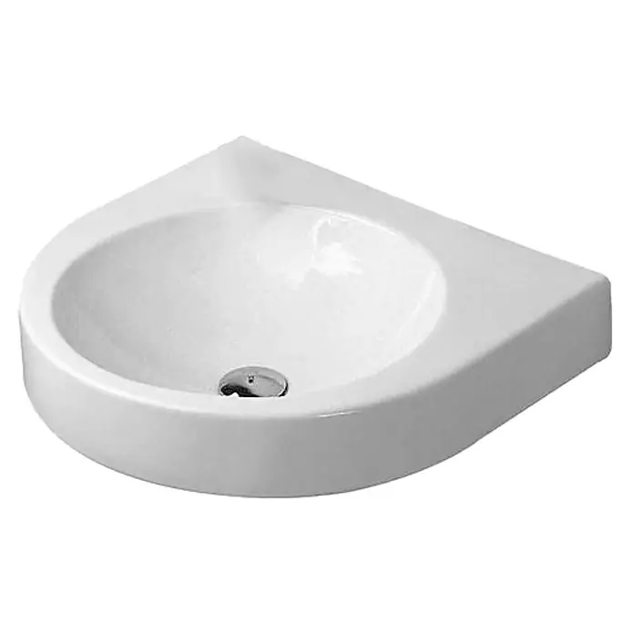 Duravit Architec Waschtisch - 57,5 x 52 cm, Ohne Spezialglasur, Hahnloch: Ohne, Ohne Überlauf, Weiß - Nahaufnahme eines weißen Eckwaschbeckens mit rundlicher Form und einem glänzenden Abfluss vor einem schwarzen Hintergrund.