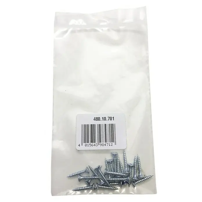 Suki Tornillo universal Hospa - Ø x L: 2,5 x 16 mm, Hexagonal interior, 20 ud. - Una bolsa transparente con una etiqueta llena de un puñado de tornillos, perfecta para proyectos de bricolaje y reparaciones.