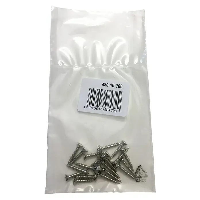 Suki Tornillo universal Hospa - Ø x L: 2,5 x 16 mm, Rosca completa, 20 ud. - Una bolsa de plástico transparente que contiene un paquete de tornillos y una etiqueta con el número 480.10.700 y un código de barras.
