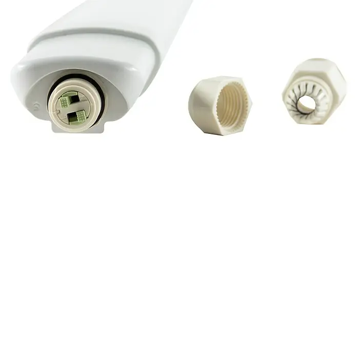 Ritter Leuchten LED-Feuchtraumlichtleiste Super Slim - L x B x H: 72 x 5,3 x 3,5 cm, Lichtfarbe: Neutralweiß, 18 W, IP65 - Nahaufnahme einer weißen LED-Röhre mit Gewindeanschlussstücken, die zur Installation oder zum Austausch bereit sind.