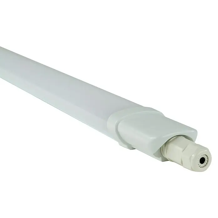 Ritter Leuchten LED-Feuchtraumlichtleiste Slim Pro - L x B x H: 116 x 4,3 x 3,3 cm, Lichtfarbe: Neutralweiß, 36 W, IP65 - Nahaufnahme einer LED-Röhrenleuchte mit Anschlussstück. Die Leuchte ist weiß und hat ein schlankes, modernes Design für Innenräume.