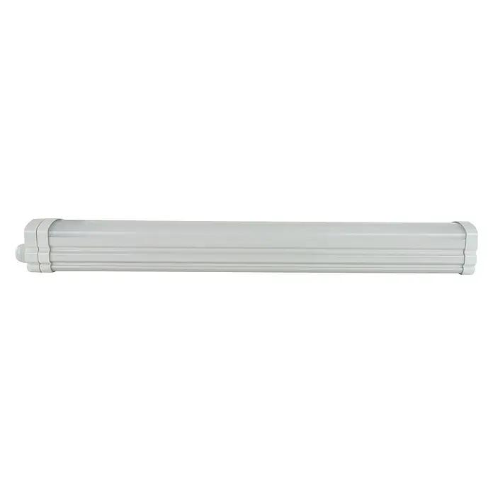 Ritter Leuchten LED-Feuchtraumlichtleiste Omega - L x B x H: 50 cm x 5,6 cm x 61 mm, Lichtfarbe: Tageslichtweiß, 18 W, IP65 - Detailaufnahme einer länglichen, wasserdichten LED-Leuchte für den Innen- und Außenbereich.