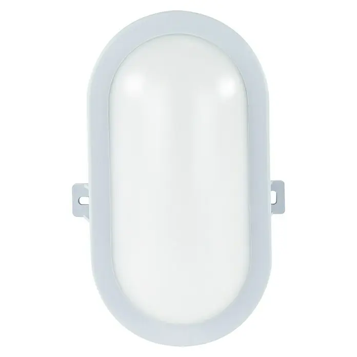 Ritter Leuchten LED-Außenwandleuchte - 10 W, Grau, IP54 - Nahaufnahme einer ovalen, weißen LED-Wandleuchte mit Montagehalterungen, ideal für Innen- und Außenbereiche.