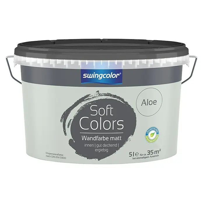 swingcolor Soft Colors Wandfarbe - Aloe, Matt, 5 l - Eimer Swingcolor Soft Colors Wandfarbe matt "Aloe". Die Farbe ist für den Innenbereich geeignet, gut deckend und ergiebig. Inhalt: 5 Liter für ca. 35 m².