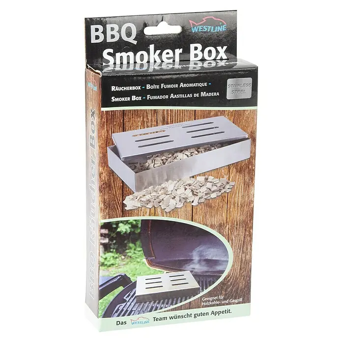 Westline Smoker Box - L x B x H: 21 x 13 x 3,4 cm, Edelstahl - Verpackung einer BBQ Räucherbox der Marke Westline, geeignet für Holzkohle- und Gasgrills, hergestellt aus Edelstahl für Raucharoma.