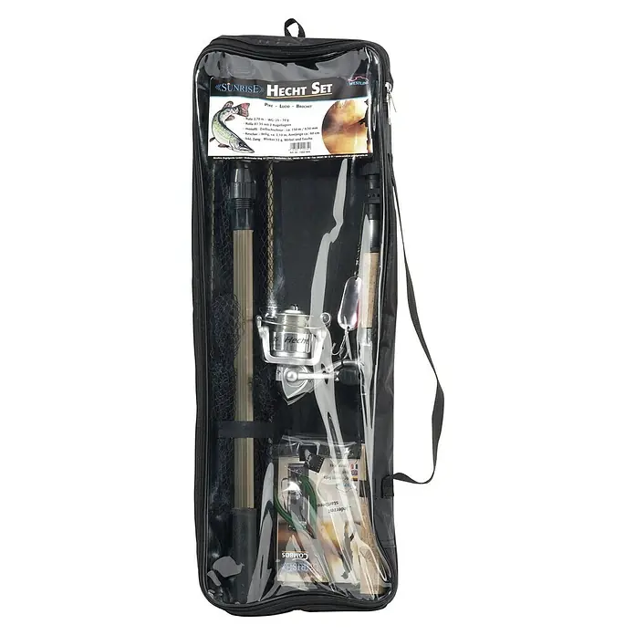 Westline Sunrise Angel-Set Combo - Länge: 2,7 m, Kunststoff, Schwarz, Braun, Hecht - Eine Angelausrüstung "Sunrise Hecht Set" mit Zubehör in einer transparenten Tasche mit Schulterriemen.