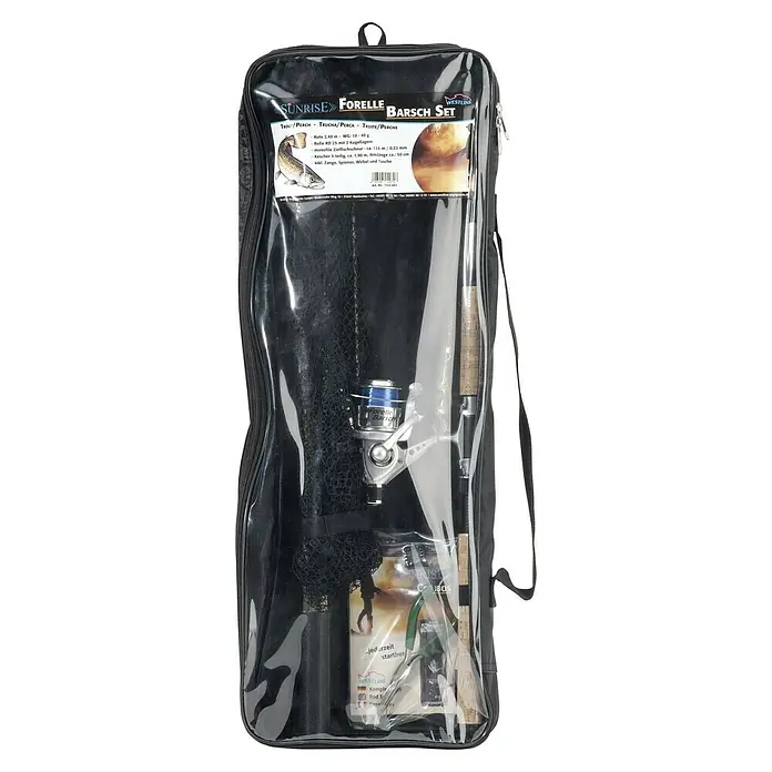 Westline Sunrise Angel-Set Combo - Länge: 2,4 m, Braun, Schwarz, Barsch/Forelle - Forellen-Barsch Set von Sunrise und Westline in transparenter Tasche mit Reißverschluss. Inkl. Angelrute, Rolle, Kescher und Zubehör.