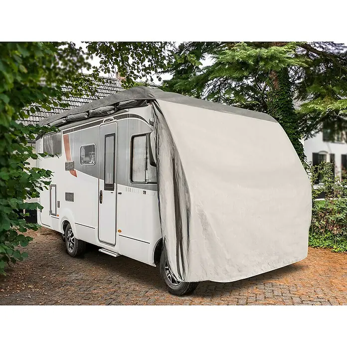 Wohnmobil-Abdeckplane - L x B x H: 710 x 235 x 270 cm, Grau - Bild einer Wohnmobilabdeckung in Grau, die das Fahrzeug vor Witterungseinflüssen schützt und für eine längere Lebensdauer sorgt.