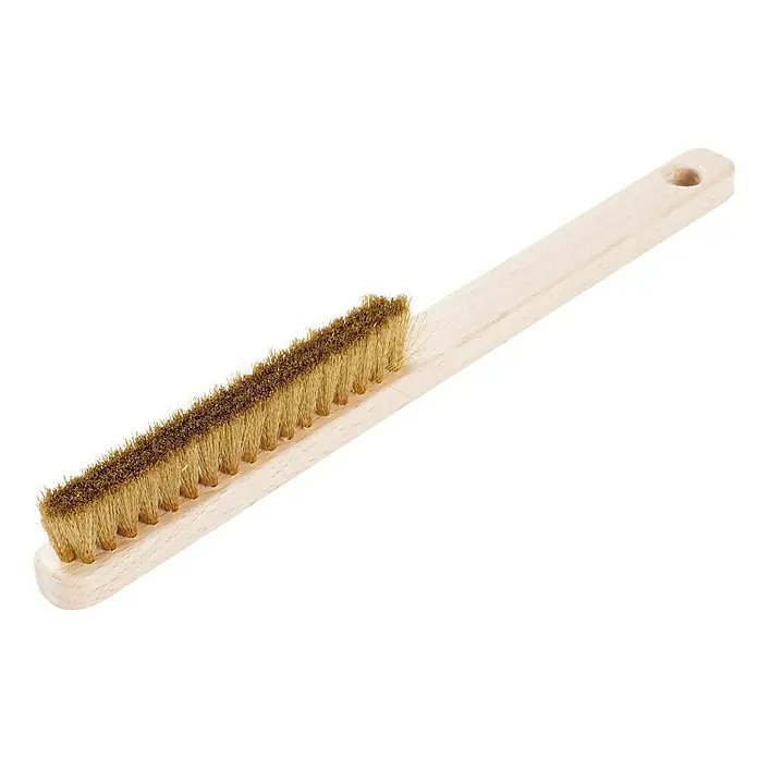 Leister Messingdrahtbürste - Verwendung: Reinigen, Anzahl Reihen: 2 - Eine Langstielbürste mit Holzgriff und braunen Borsten, ideal für Reinigungsarbeiten.
