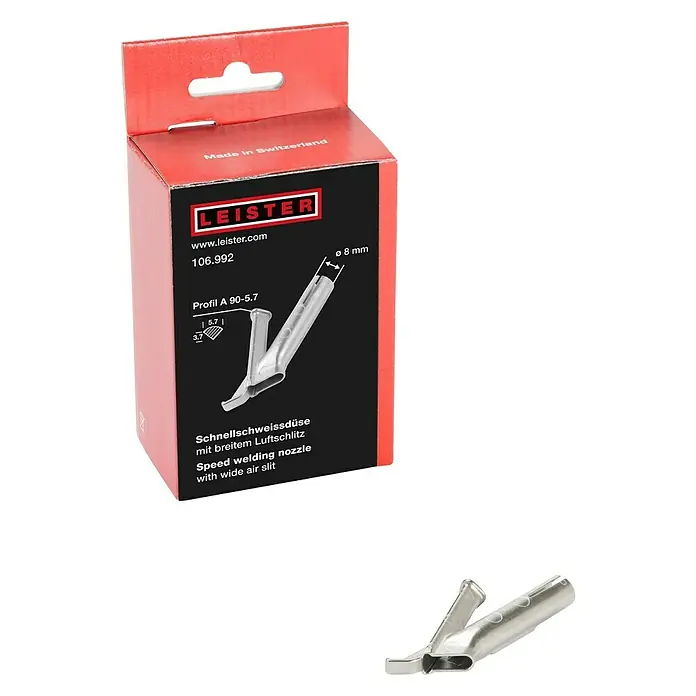 Leister Schnellschweißdüse - Passend für: Rohrdüsen Ø 5 mm, Durchmesser: 8 mm, Breiter Schlitz, Verbinden - Leister Speed-Schweißdüse mit breitem Luftschlitz in Originalverpackung und einzeln.