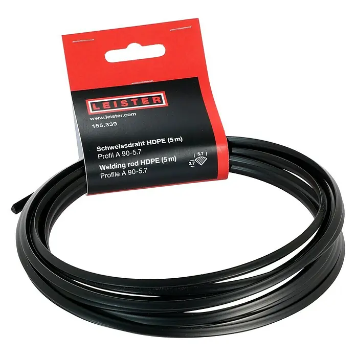 Leister Schweißdraht - 5 m - Das Produkt ist ein schwarzer LEISTER Schweißdraht HDPE (5 m), Profil A 90-5.7, verpackt in einer roten Verpackung.