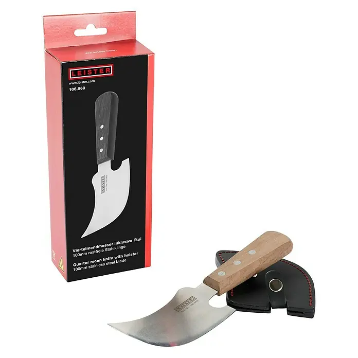 Leister Viertelmondmesser - Geeignet für: Schweißnahtschlitten - Bild eines Leister Viertelmondmessers mit Holster, inklusive Verpackung.