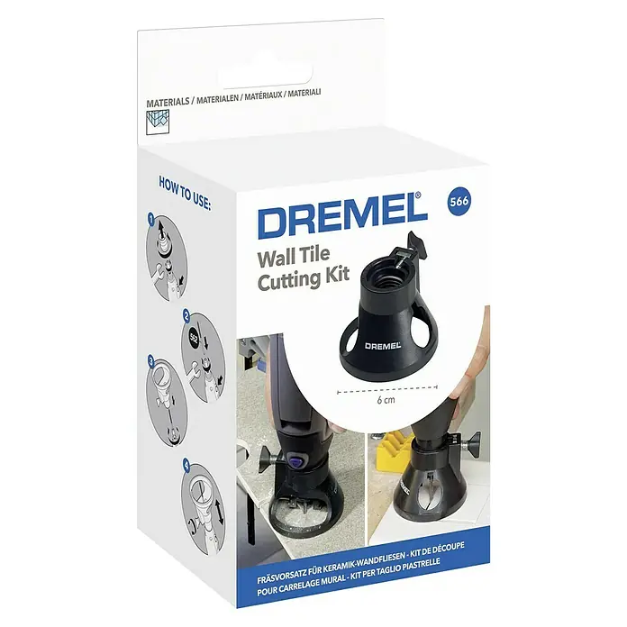 Dremel Fräsvorsatz Mod. 566 - Geeignet für: Keramikfliesen, Arbeitstiefe: 19 mm - Produktverpackung für das Dremel 566 Wandfliesen-Schneidset, ideal zum präzisen Schneiden von Wandfliesen mit einem Dremel-Werkzeug.