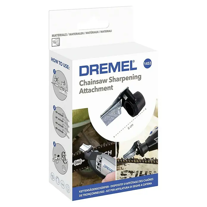 Dremel Set para afilar cadenas de motosierras - Específico para: Herramientas multifunción Dremel (excepto la 4200), 9 pzs. - Embalaje del accesorio de afilado de motosierras Dremel 1453, que detalla cómo utilizar el producto con diagramas.