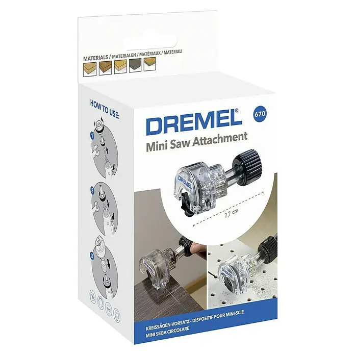 Dremel Kreissäge-Vorsatz Mod. 670 - Schnitttiefe: 6,4 mm - Das Dremel Mini-Säge-Vorsatzgerät 670, ideal zum Sägen von Holz und anderen weichen Materialien, wird in der Originalverpackung präsentiert.