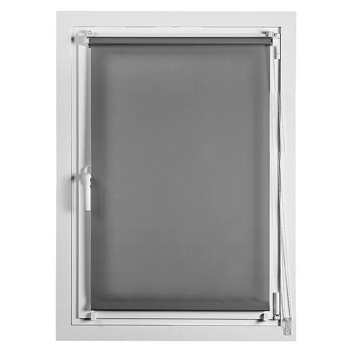 Estor enrollable Clip&Fix - An x Al: 45 x 180 cm, Asfalto - Estor enrollable gris en marco de ventana blanco, proporcionando privacidad y oscuridad. Ideal para dormitorios u oficinas.