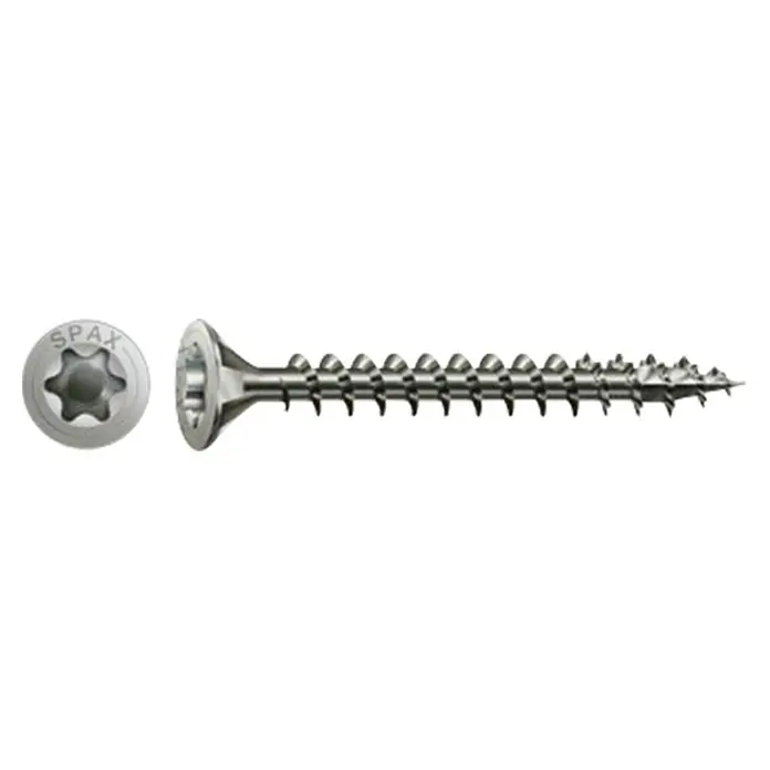 Spax T-Star plus Senkkopfschraube - Ø x L: 4 x 50 mm, Edelstahl, 25 Stk., Vollgewinde - Nahaufnahme einer Spax-Universalschraube mit Senkkopf und patentiertem Wellenprofil, ideal für vielseitige Anwendungen im Holzbereich.
