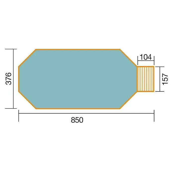 Weka Holz-Pool Teneriffa - L x B x H: 850 x 376 x 116 cm, Braun, 25.600 l - Bild eines Poolplans mit Maßangaben. Der Plan zeigt die Abmessungen des Pools, einschließlich Länge, Breite und Tiefe.