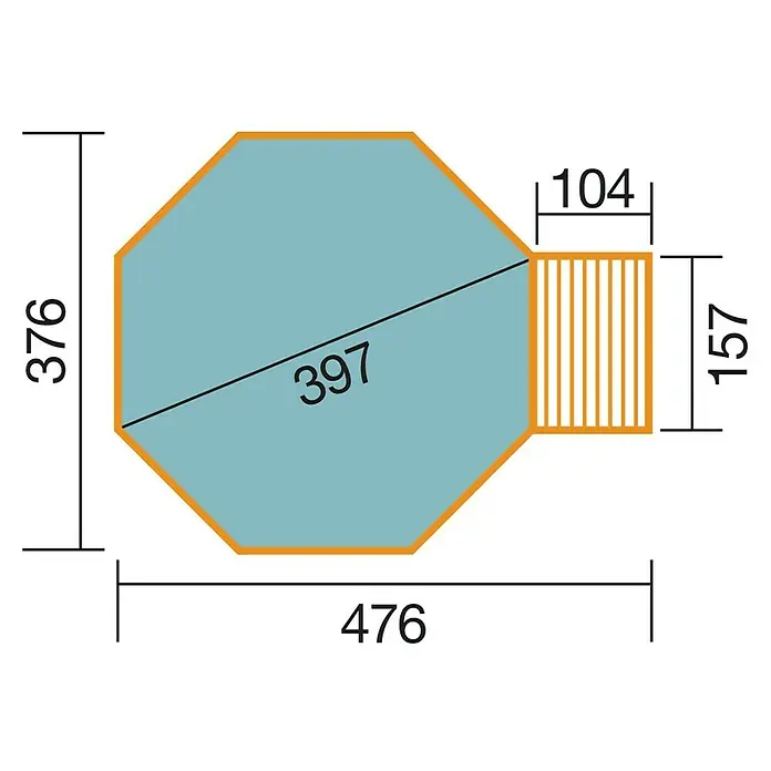 Weka Holz-Pool La Palma - L x B x H: 376 x 476 x 116 cm, Braun, 11.400 l - Eine technische Zeichnung eines Gartenhauses mit Maßangaben in Millimetern für die Außenmaße und die Dachlänge.