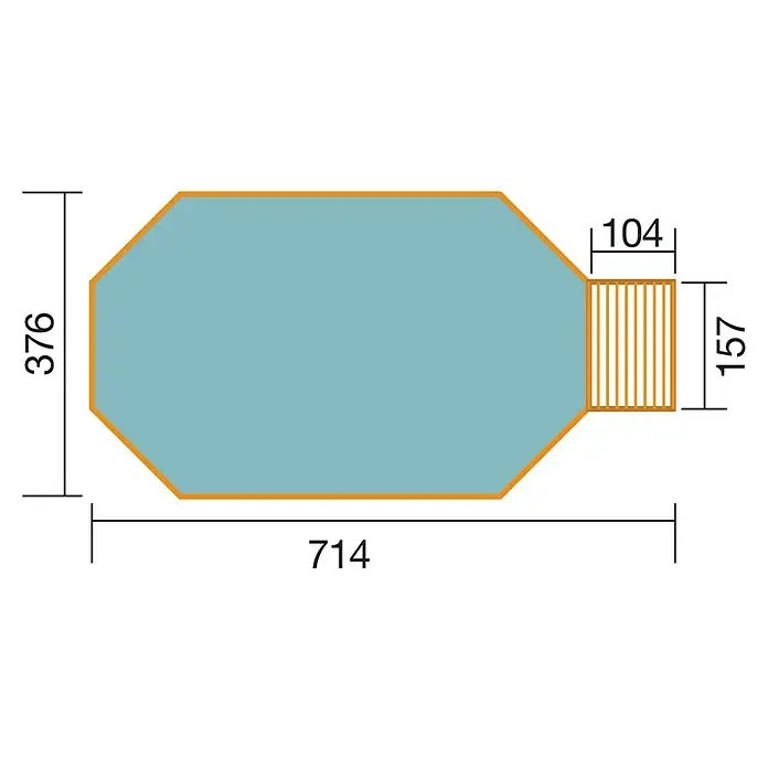 Weka Holz-Pool Fuerteventura - L x B x H: 714 x 376 x 116 cm, Braun, 20.400 l - Draufsicht eines oktogonalen Pools mit den Maßen 714 x 376 cm, angrenzender Terrasse 104 x 157 cm.