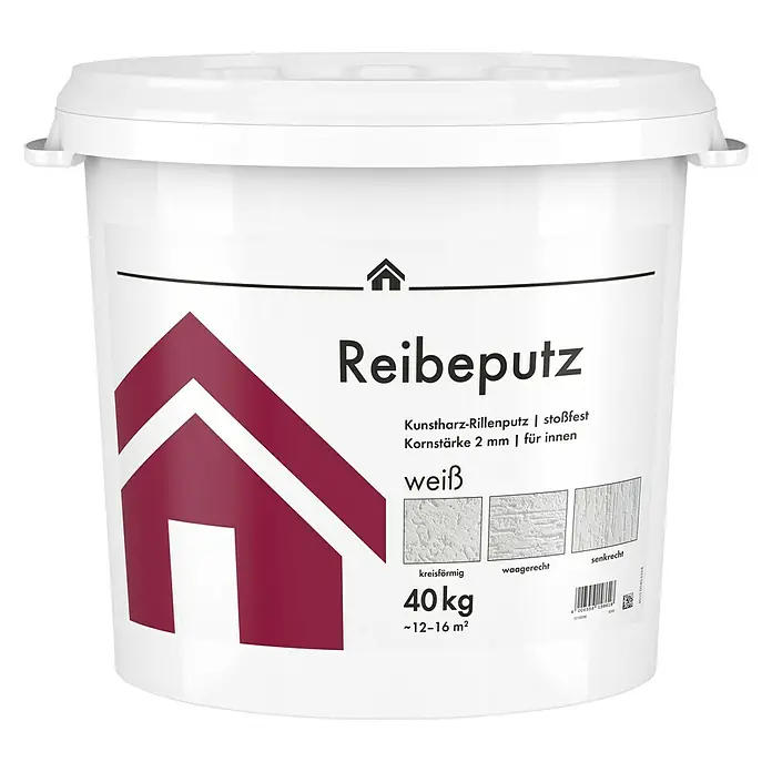 Dekoputz Reibeputz - Weiß, Körnung: 2 mm, 40 kg - Ein weißer Eimer Reibeputz, ein Kunstharz-Rillenputz, stoßfest und für den Innenbereich geeignet, mit einer Körnung von 2 mm.