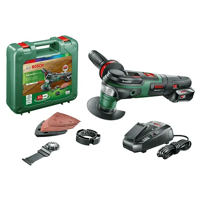 Bosch Power for All 18V Akku-Multifunktionswerkzeug AdvancedMulti 18 - 18 V, 1 Akku, 2,5 Ah - Das Bild zeigt ein Bosch AdvancedMulti 18 Akku-Multifunktionswerkzeug-Set mit Zubehör und einer grünen Aufbewahrungsbox.