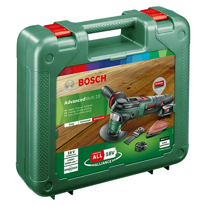 Bosch Power for All 18V Akku-Multifunktionswerkzeug AdvancedMulti 18 - 18 V, 1 Akku, 2,5 Ah - Die Bosch AdvancedMulti 18 im Koffer: Ein vielseitiges Multifunktionswerkzeug für Sägen, Trennen, Schleifen und mehr. Inklusive Zubehör für verschiedene Anwendungen.