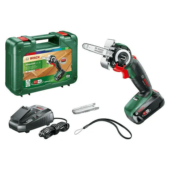 Bosch Power for All 18V Sierra NanoBlade AdvancedCut 18 - Número de revoluciones de marcha en vacío: 7.000 r.p.m., 18 V, 1 batería - La imagen muestra una motosierra inalámbrica Bosch AdvancedCut 18 con accesorios, incluyendo batería, cargador y estuche.