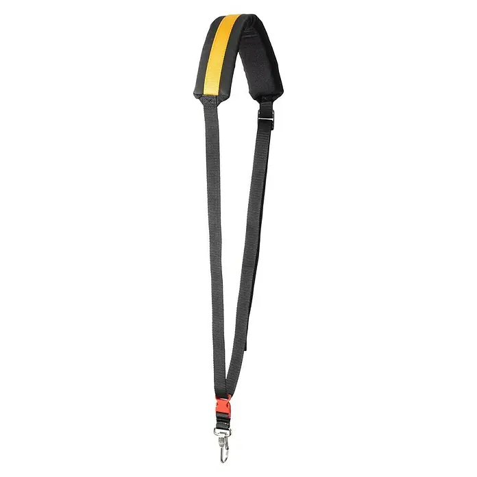 Alpina Benzin-Motorsense ABR 26 J - 0,7 kW, 25,4 cm³, Schnittbreite Faden: 43 cm, Schnittbreite Messer: 25,5 cm - Ein schwarzer Tragegurt mit gelbem Akzent und Karabinerhaken. Ideal zum sicheren Tragen von Ausrüstung.
