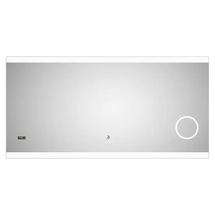 DSK Lichtspiegel Silver Shine 2.0 - 140 x 70 cm - Ein rechteckiger Badezimmerspiegel mit integrierter Beleuchtung, digitaler Uhr und Touch-Sensor für eine moderne Badezimmerausstattung.