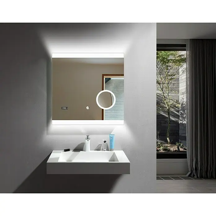 DSK Lichtspiegel Silver Shine 2.0 - 60 x 60 cm - Das Bild zeigt einen modernen Waschtisch mit einem beleuchteten Spiegel und einer minimalistischen weißen Waschbeckenarmatur, die ein elegantes Badezimmerambiente erzeugt.